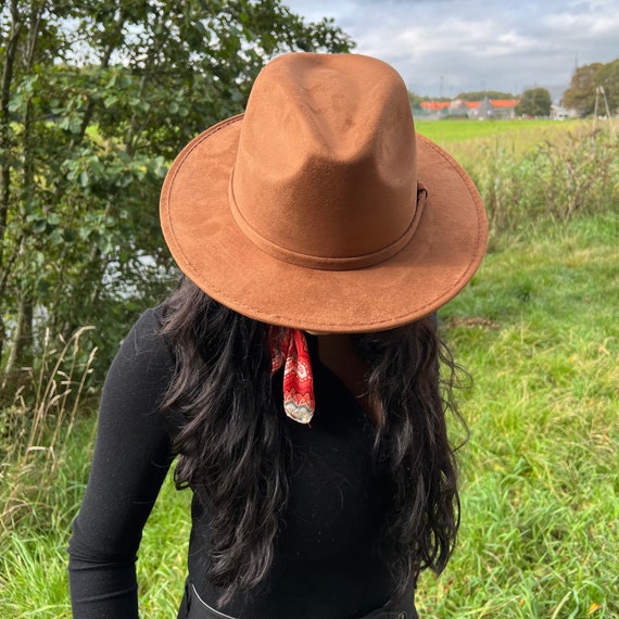Brown Suede Women\'s Hat Wide Brim Vegan Suede Boater Hat | Flat Brim Fedora - ABELIA  main image 2