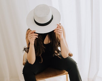 Boater white hat with stiff brim made by paper straw | Bolero | Gambler style | Women's sun hats