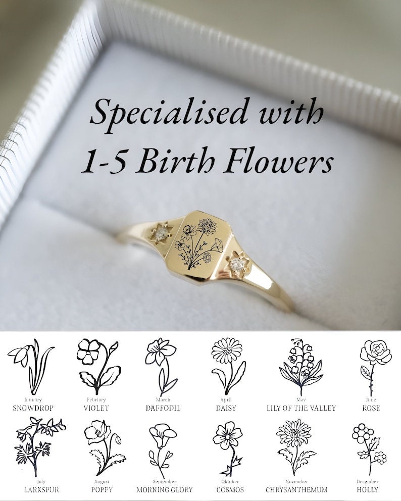 Personalized Birth Flower Gold Ring, Statement Flower Rings, Dainty ...
