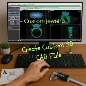 Könnte beinhalten: Ein Computermonitor zeigt 3D-CAD-Designs für individuellen Schmuck. Der Bildschirm zeigt Ringdesigns in verschiedenen Ansichten. Der Text "Custom jewelry" und "Create Custom 3D CAD File" ist sichtbar. Eine Hand befindet sich in der Nähe eines digitalen Messschiebers.