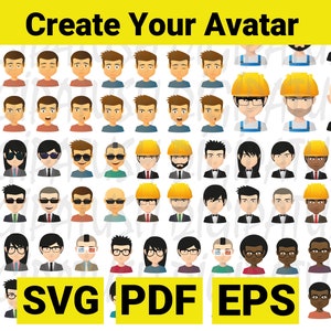Puede incluir: Una ilustración digital de una variedad de opciones de avatar. Los avatares son de estilo de dibujos animados e incluyen diferentes peinados, expresiones faciales y accesorios. El texto "Create Your Avatar" está en la parte superior de la imagen. El texto "SVG PDF EPS" está en la parte inferior de la imagen.