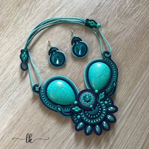 OCEAN BLUE soutache set with swarovski and porcelan. Soutache earrings and necklace.