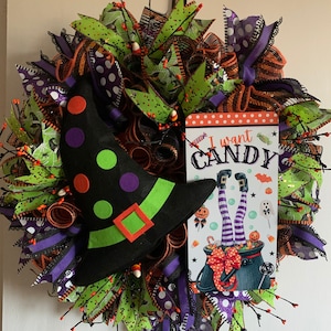 Witches hat I want Candy Wreath Halloween Witch and Cauldron wreath Witches Candy wreath Halloween Front Door Decor Candy Corn Wreath