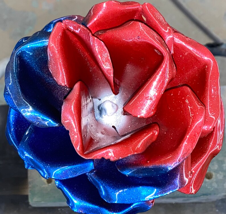 Americana Red, Blue, White Rose with fine dusting of silver glitter this is custom made of metal and is for outdoor use!