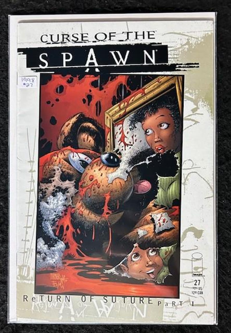 May include: Comic book cover for Curse of the Spawn #27, featuring a bloody, grotesque creature with a human-like face and a young girl in a picture frame. The text on the cover reads "Curse of the Spawn" and "Return of Suture Part 1".