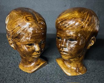 Vintage Boy & Girl Ceramic Glazed Brown Busts