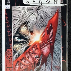 May include: Comic book cover for Curse of the Spawn #28, featuring a close-up of a character with white hair and a red, bloody blade. The text "Return of Suture Part II" is at the bottom of the cover.