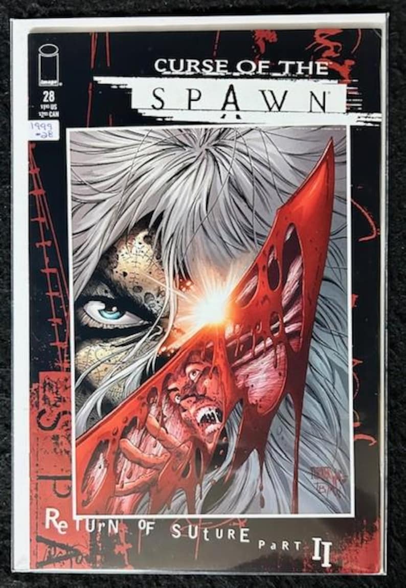 May include: Comic book cover for Curse of the Spawn #28, featuring a close-up of a character with white hair and a red, bloody blade. The text "Return of Suture Part II" is at the bottom of the cover.