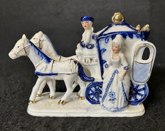 Porcelain White and Blue Horse and Carriage