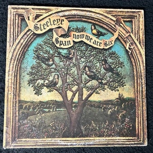 以下が含まれることがあります： 木に止まっている鳥を描いた、ヴィンテージのビニールレコードアルバムのカバー。アルバムのタイトル「Steeleye Span Now We Are Six」は、画像の上部に横断するバナーに書かれています。