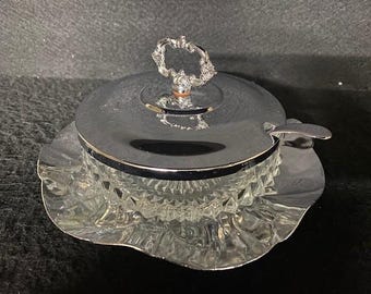 Vintage Glass Preserve/Sugar Pot Dish With Ruffled Underplate and Spoon