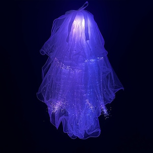 May include: A white tulle veil with a light blue glow, perfect for a wedding or special occasion.