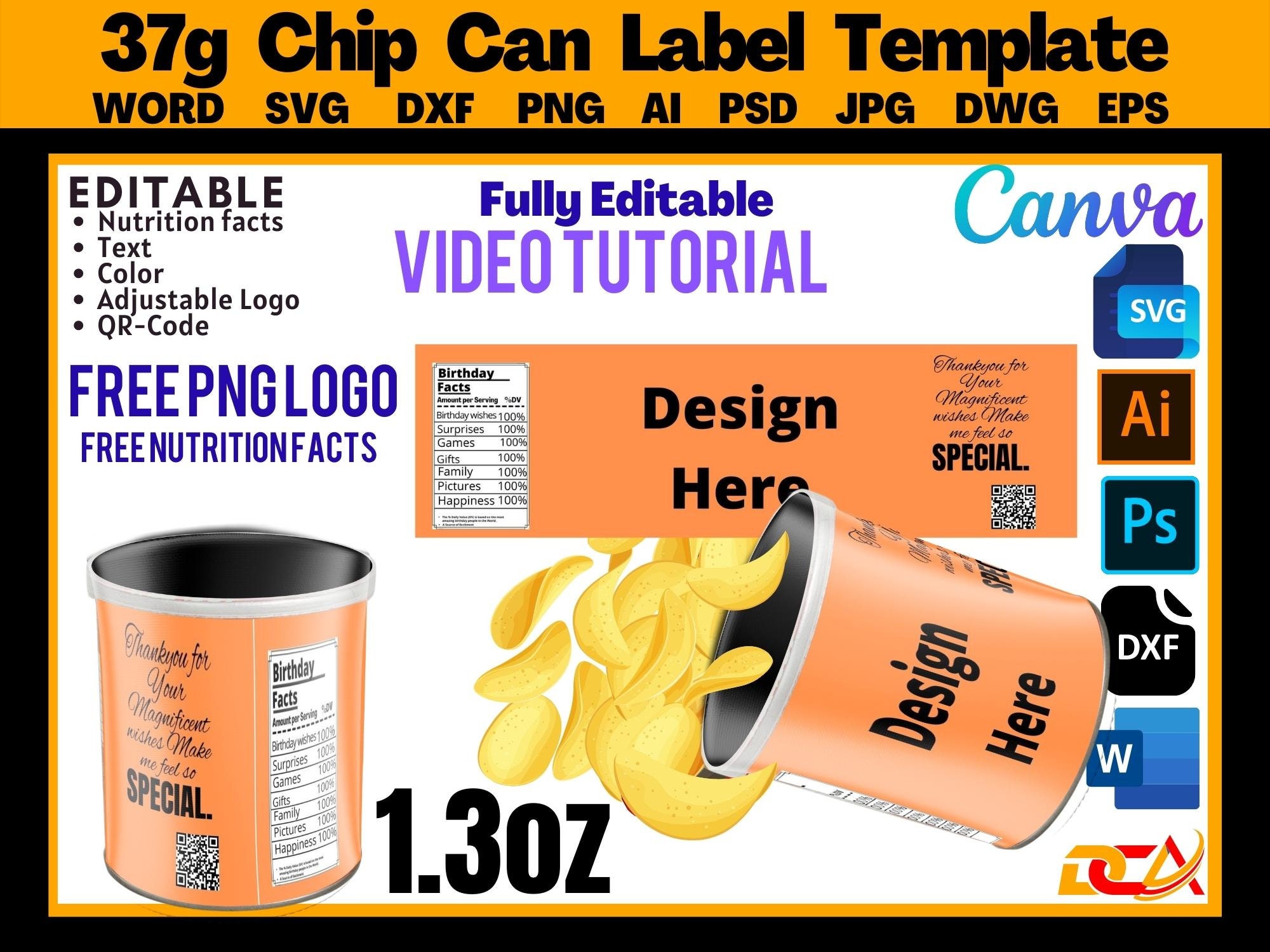 Chip Can Label Template, chip can Label Template, 1.3 Oz Can Template, PSD, PNG, Word Doc, SVG, Dxf, Eps, Ai, Png Canva
