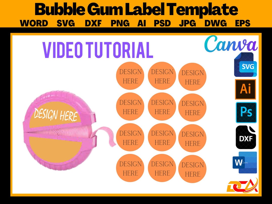 2oz Bubble Gum Tape Template, Bubble Gum Label Template, SVG, DXF, Ms Word Docx, Png, Psd, 8