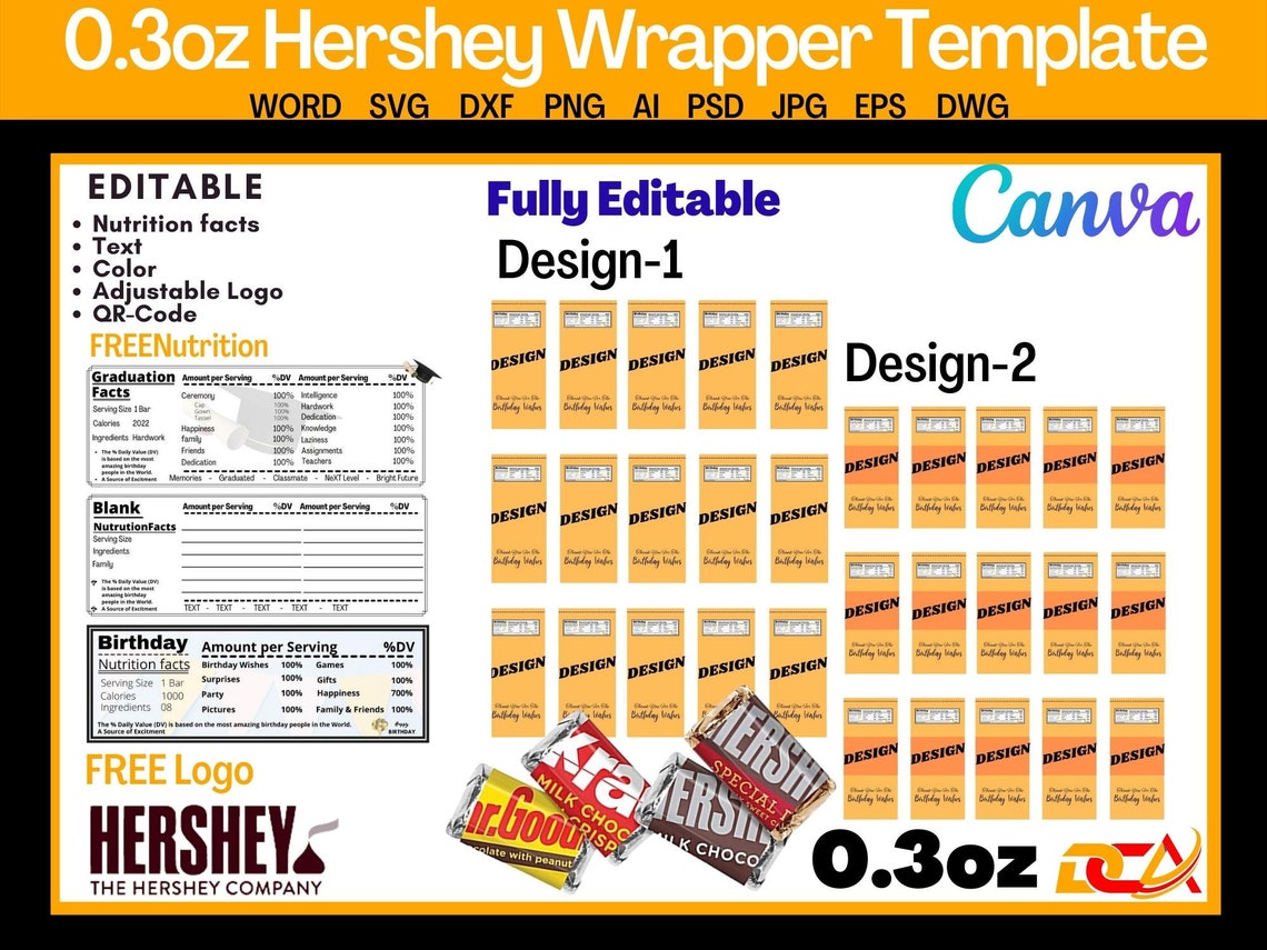 Hershey Mini Candy Bar Wrapper Template Hershey Mini 0.3 Oz Etsy