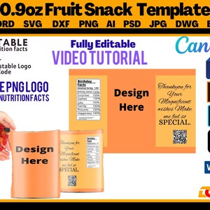 Könnte beinhalten: Eine Vorlage für eine 0,9 Unzen Frucht-Snack-Verpackung. Die Vorlage ist orange und verfügt über einen Designbereich, einen Nährwertangaben-Bereich und einen QR-Code. Die Vorlage ist vollständig editierbar und wird mit einem kostenlosen PNG-Logo und Nährwertangaben geliefert. Die Vorlage ist in verschiedenen Dateiformaten verfügbar, darunter SVG, DXF, PNG, AI, PSD, JPG, DWG und EPS.