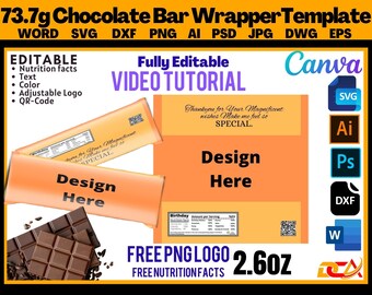 Op de afbeelding: Een sjabloon voor een chocoladeverpakking met een ontwerpruimte, voedingsinformatie en een QR-code. De verpakking is oranje en bevat de tekst "Bedankt voor je fantastische wensen die me zo speciaal laten voelen." Het sjabloon is volledig bewerkbaar en bevat een videozelfstudie. De afbeelding bevat ook de tekst "FREE PNG LOGO 2.60Z FREE NUTRITION FACTS".