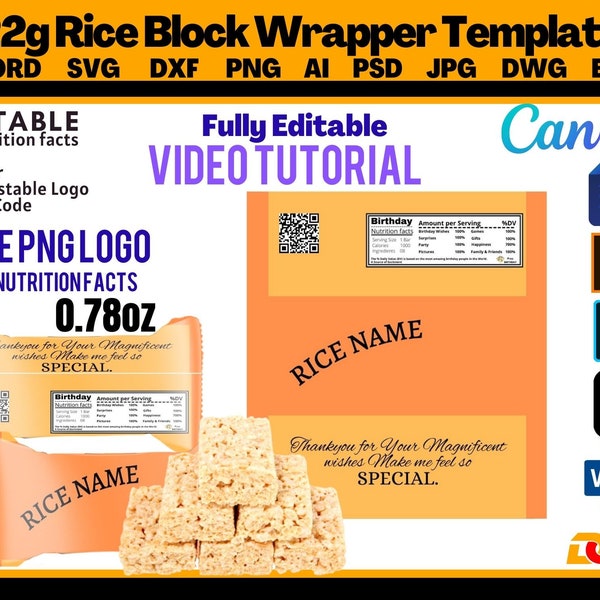 Rice Wrapper template 0.78oz 22g Wrapper Template & Mockup Instant download 0.78oz 22g For Birthday Favors and Graduation