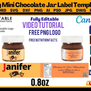 May include: A printable template for a 25 gram mini chocolate jar label. The label features a brown jar with a white lid and a chocolate spread inside. The label is customizable with text, color, a logo, and a QR code. The label also includes the text "Janifer" and "0.80 oz".