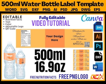 Water bottle Labels template, water bottle label blank template SVG, DXF, Canva, Ms Word Docx, Png, PSD, 8.5"x11" sheet, Printable