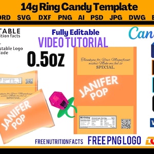 May include: A template for a 14-gram ring candy package. The template is fully editable and includes a video tutorial. The package is orange and features the text "Janifer Pop" and a QR code. The template is available in various file formats, including SVG, AI, PSD, DXF, and JPG.