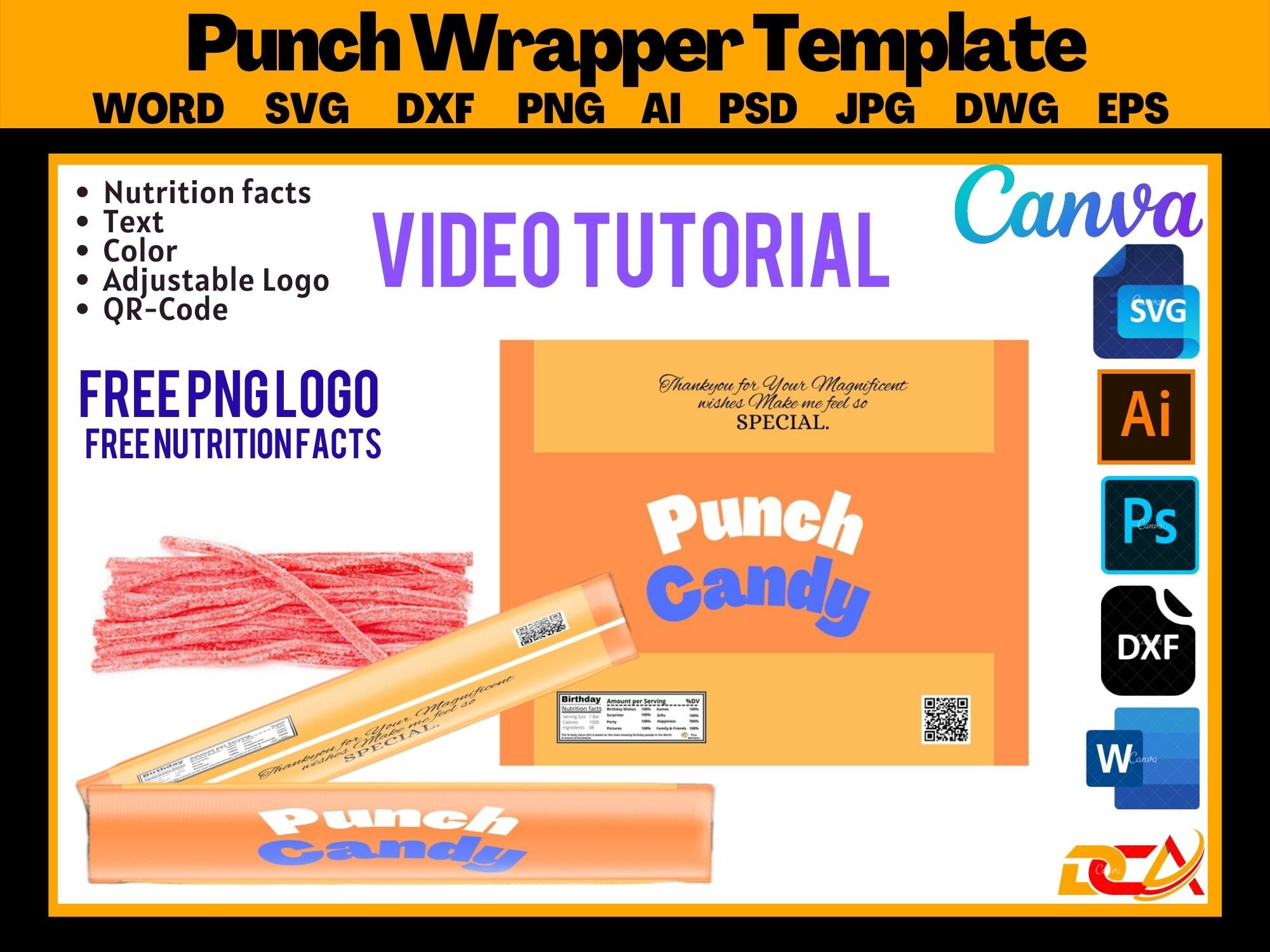sour Straws Candy 2oz 57g Blank Wrapper Template with Nutrition Facts, Sticker Label, PSD, PNG, SVG, DxF, Microsoft Word Doc