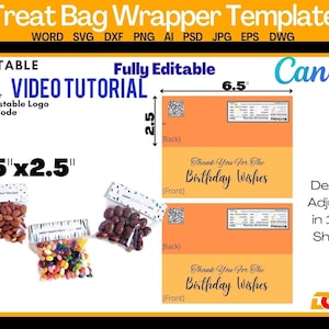 May include: Printable treat bag wrapper template for birthday parties. The template is 6.5 inches by 2.5 inches and features the text "Thank You For The Birthday Wishes". The template is fully editable and includes a video tutorial.