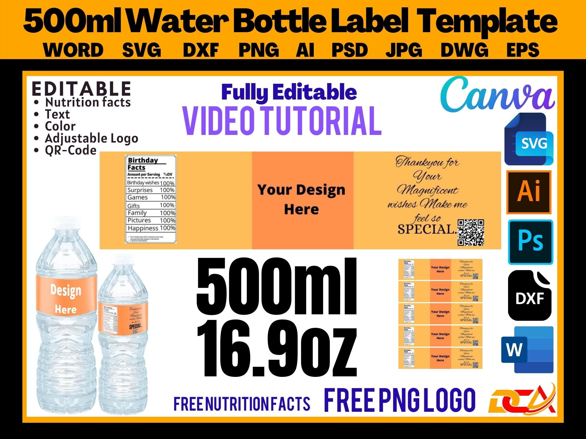 Water Bottle Label Template 16oz, 500ml, Blank Water Bottle Wrappers