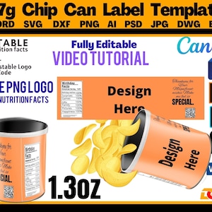 Chip can Template, snacks can template, Chip can Label Template, 1.3 Oz Can Template, PSD, PNG, Word Doc, SVG, Dxf, Eps, Ai, Png Canva