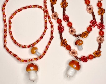 Mushroom Autumn Seed Bead Jewelry | Mushroom Jewelry | Beaded Necklace Bracelet | Necklace Mushroom | Hippie Cottagecore Jewelry Nature