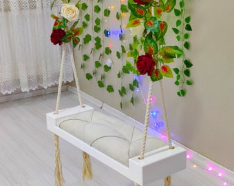 Tree swing, Ash bench wood swing, Rope tree swing, Wooden swing, Indoor swing, Outdoors swing, Floral Outdoor swing, Garden swing, Backyard