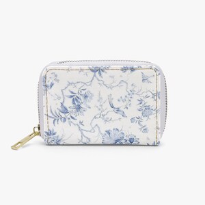 Niebieskie kwiatowe etui na karty z zamkiem błyskawicznym w stylu Chinoiserie