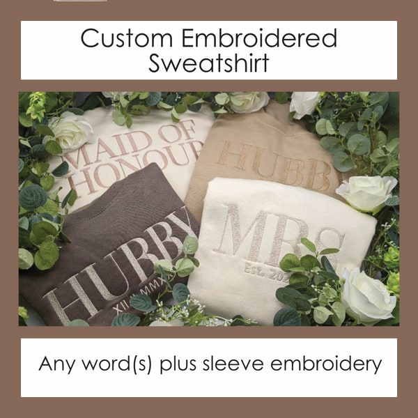 Custom embroidered sweatshirt or hoodie. Large design with classic style font.