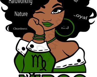 May include: Green and black illustration of a Virgo zodiac sign with the words "Virgo Girl" and a list of personality traits including "Kind", "Hardworking", "Nature", "Cleanliness", "Analytical", "Kind", and "Loyal".