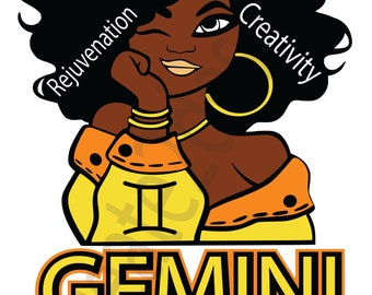 Può includere: Un'illustrazione in nero e giallo di un segno zodiacale Gemelli con le parole "Gemini Girl" sotto. L'illustrazione presenta una donna con la pelle scura, i capelli neri ricci e una camicia gialla. Le parole "Affectionate, Gentle, Rejuvenation, Growth, Charismatic, Creativity" sono scritte intorno ai capelli della donna.