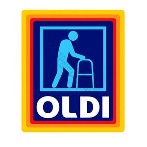 Puede incluir: Adhesivo rectangular con una figura azul utilizando un andador dentro de un cuadrado azul. La palabra "OLDI" está debajo en letras blancas. El adhesivo tiene bordes rojo, amarillo y naranja.