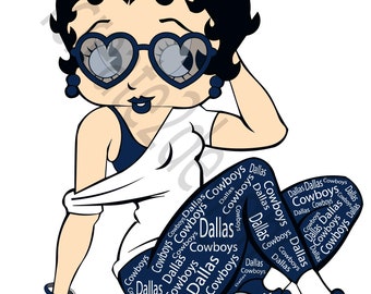 May include: A cartoon illustration of a woman wearing a white shirt, blue jeans, and sunglasses. The jeans are covered in the words "Dallas Cowboys".