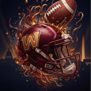 以下が含まれることがあります： バーガンディのアメリカンフットボールヘルメットのイラスト。金色の「W」ロゴと茶色のフットボールが描かれています。 ヘルメットは燃えるようなオレンジと金のアクセントで囲まれ、濃い青色の背景と都市のシルエットが描かれています。