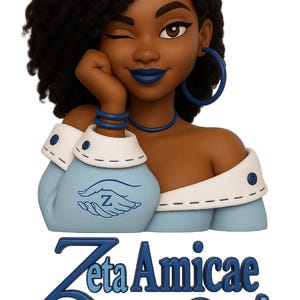 May include: A stylized illustration of a Black woman winking, with dark curly hair, blue lipstick, and hoop earrings. She wears a light blue top with a white trim and the text "Zeta Amicae Girl" in blue.