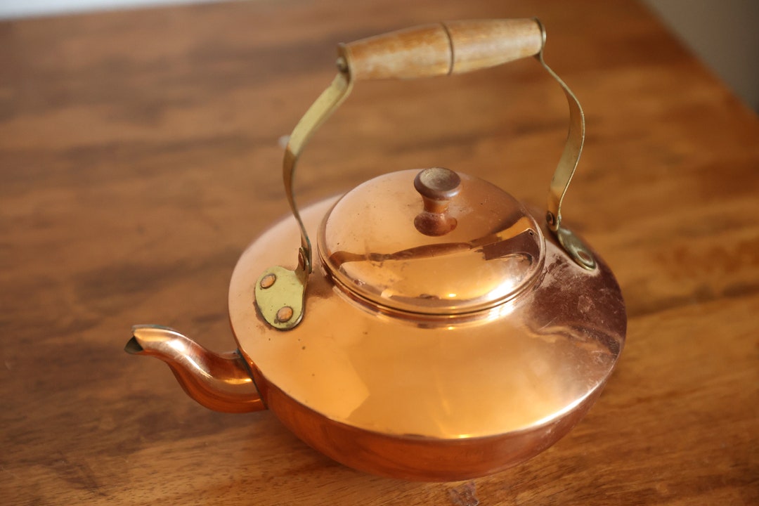 Vintage Copper Tea Kettle Wood Handle Etsy