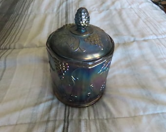 Vintage Carnival Glass Canister In Harvest Grape, Vintage glassware