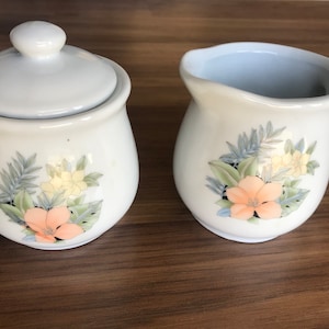 Vintage Floral White Ceramic Sugar Bowl with Lid and Creamer set