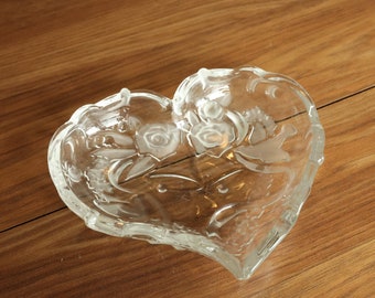 MIKASA Special Moments Heart Shaped Dish Frosted Bells Birds Ribbon Candy Plate, glass candy dish