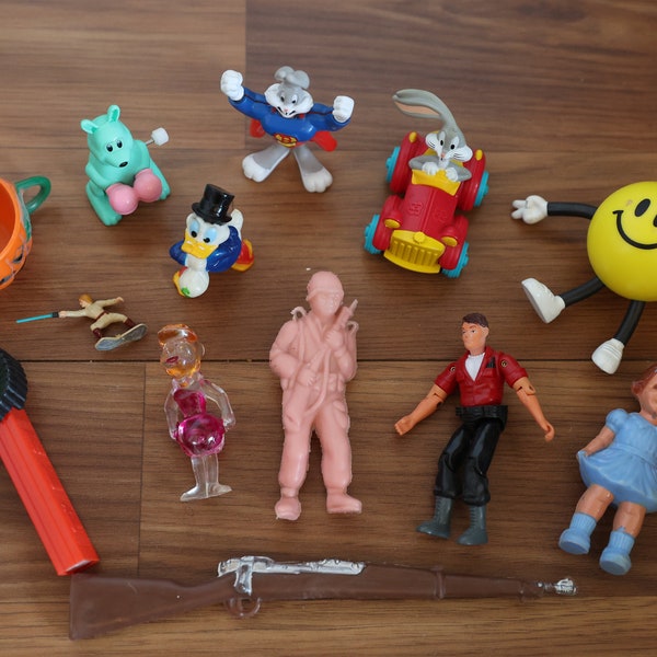 Vintage toys, G.I. Joes, Pez "Roar" the Lion, Bugs Bunny, wind up Kangaroo, Scrooge Duck, Flinstones, Pumpkin cup, action figure