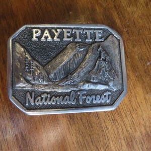 Op de afbeelding: Zilveren gesp met een reli&euml;fbeeld van bergen en bomen. De gesp heeft de tekst "Payette National Forest".