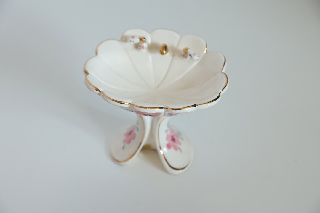 Vintage Porcelain SOAP DISH Miniature White Pedestal Sink With Pink