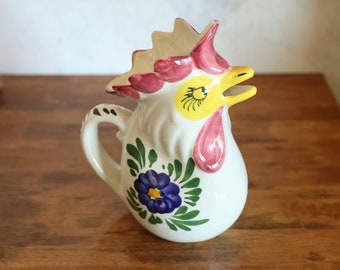 Vintage Rooster Pitcher, Rooster Vase, Italian Chicken Pottery, good condition. Hand painted, no brand.