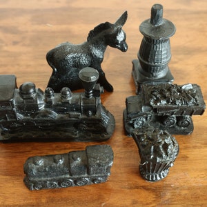 Lot of Coal items- Various Handcrafted by Coal items, Coal train, donkey, Dump truck, Coal basket, Coal decorations, Vintage decorations