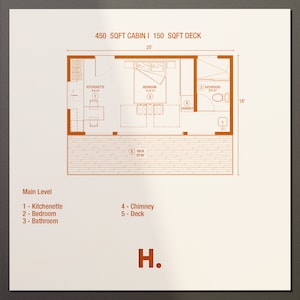 Architectural floor plan of a 25x12 ft studio cabin featuring a spacious deck. Layout includes a large bed area, cozy chimney, bathroom, and kitchenette, maximizing space efficiency and blending functionality with modern cabin aesthetics