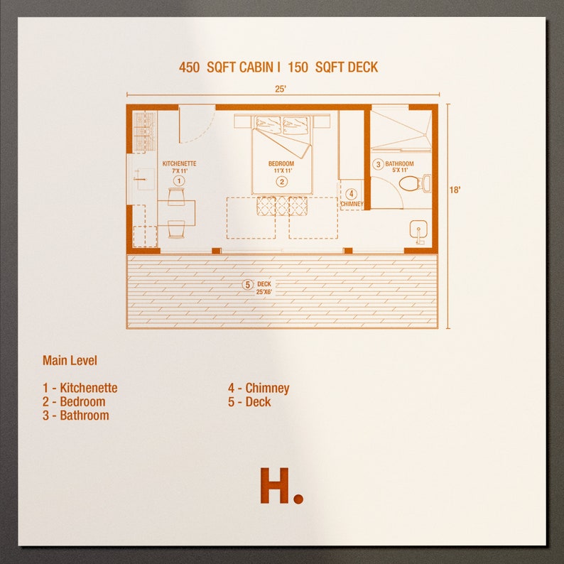 Architectural floor plan of a 25x12 ft studio cabin featuring a spacious deck. Layout includes a large bed area, cozy chimney, bathroom, and kitchenette, maximizing space efficiency and blending functionality with modern cabin aesthetics